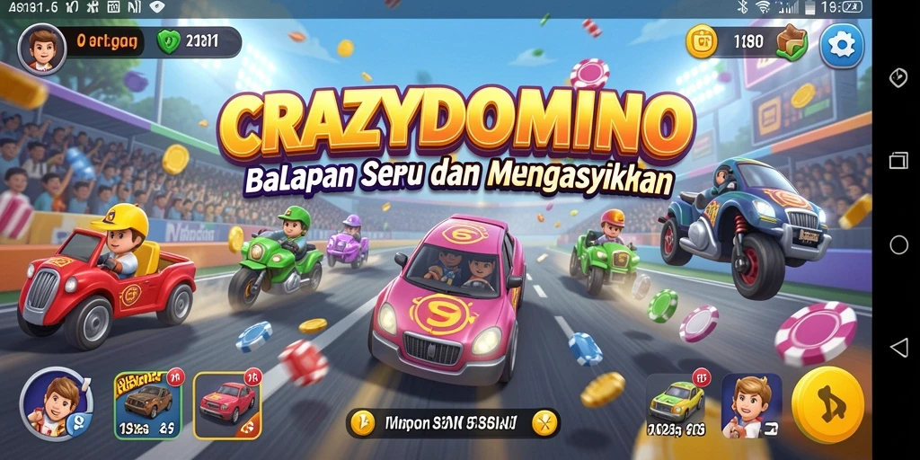 Tangkapan layar utama CRAZYDOMINO menampilkan aksi balapan motor yang seru.