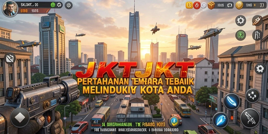 Tampilan permainan JKTJKT dengan menara siap tempur dan musuh yang menyerang.