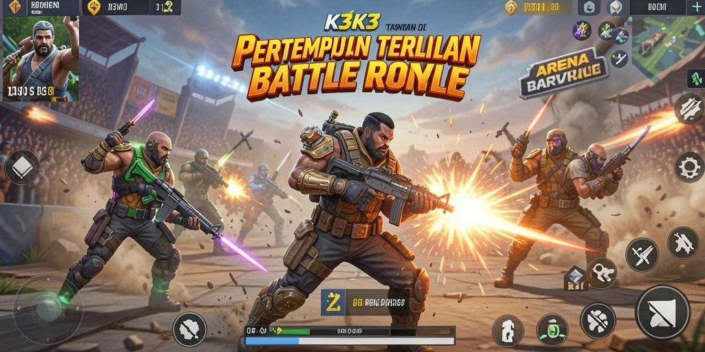 Gameplay K3K3 menampilkan aksi pertempuran yang seru dalam arena Battle Royale.